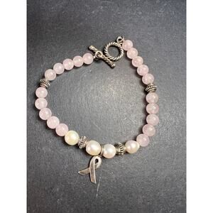 Vintage rose quartz pearls sterling silver breast cancer awareness bracelet